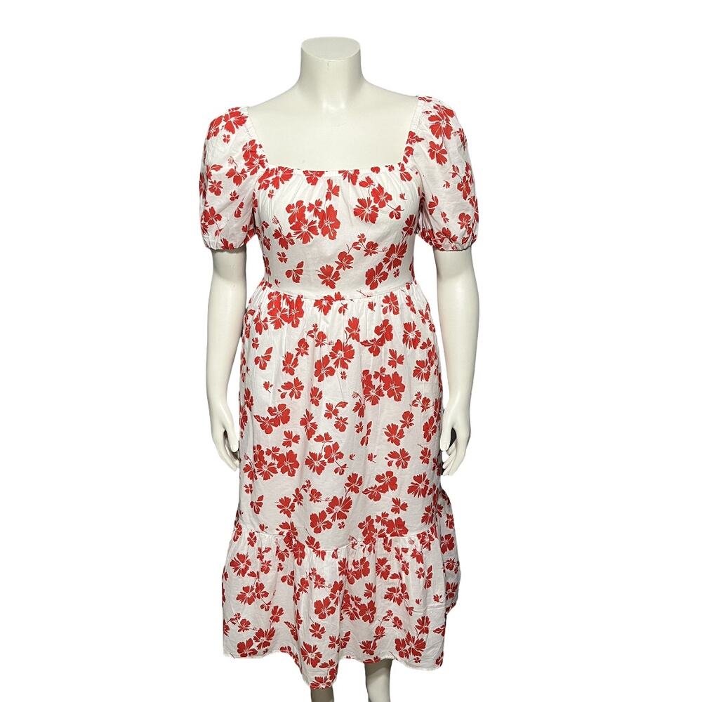 ⭐️J. Crew Red Floral Short Sleeve Cotton Midi Ruffle Hem Dress Sz-8